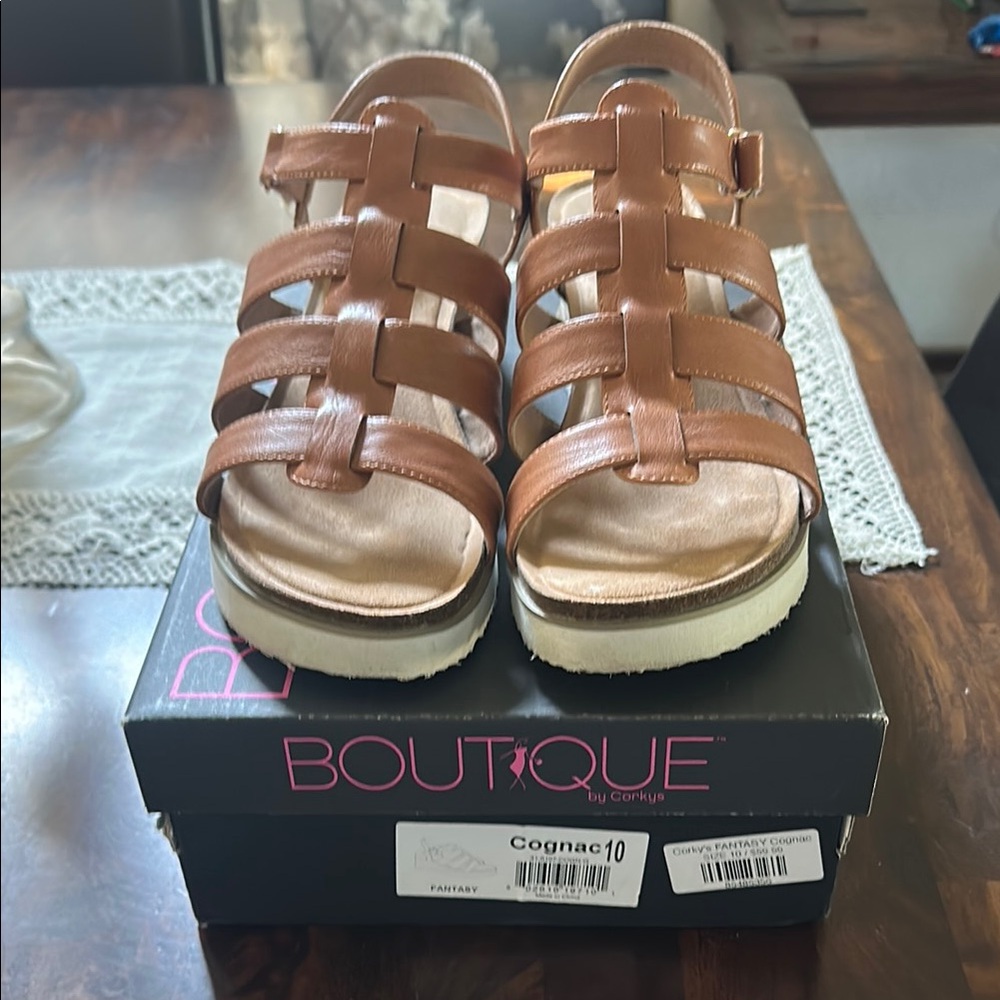 Corkys Fantasy Sandals in Cognac, size 10. Small wedge with comfort footbed.